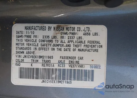 2011 Infiniti G37 Journey from USA, damaged, VIN JN1CV6EK1BM211945